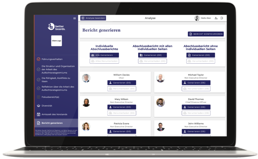 Beispielseite Better Boards software – Personalisierte Abschlussberichte für Aufsichtsräte und Vorstände