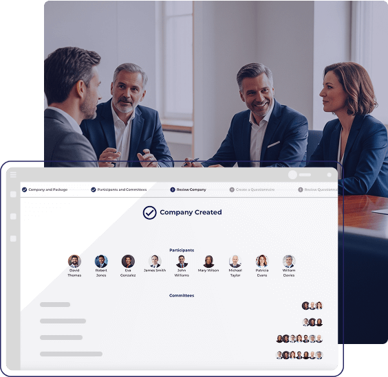 Internal Board Evaluations Platform Company Review Board members at a meeting with the Company Review Platform from Better Boards overlaid